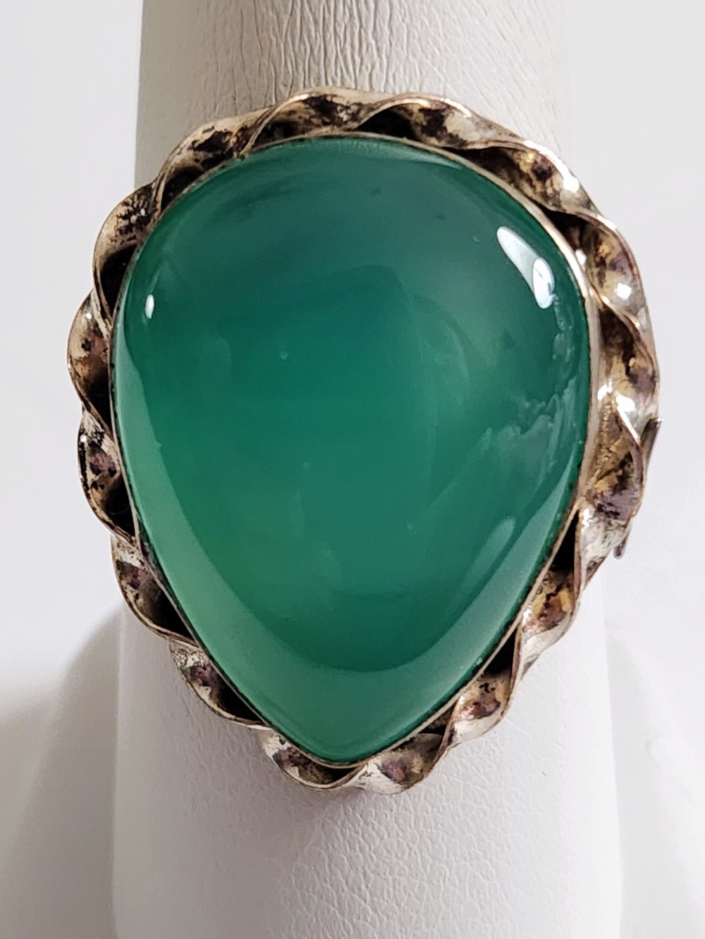 Huge Teardrop Green Chalcedony Ring Size 11-3/4 Beautiful Statement